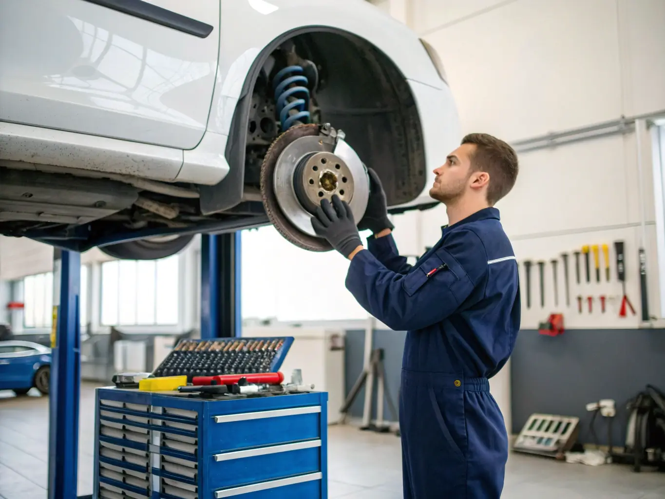 A technician inspecting brake pads and rotors during a service appointment, emphasizing brake services.
