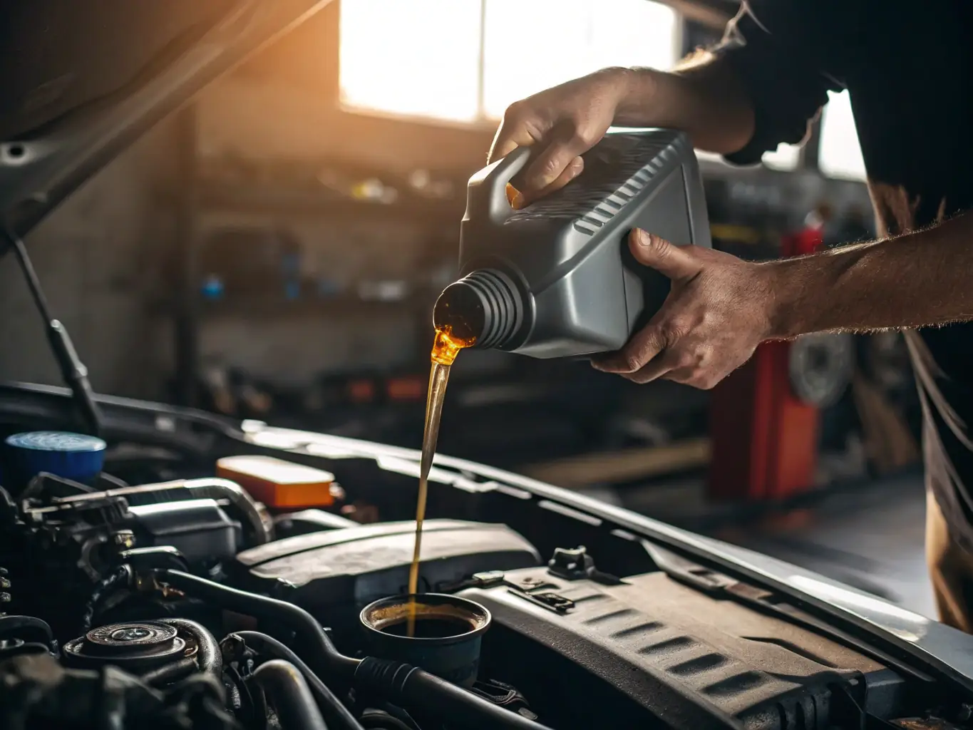 A technician performing an oil change under the hood of a car in a well-equipped auto shop, showcasing routine maintenance services.