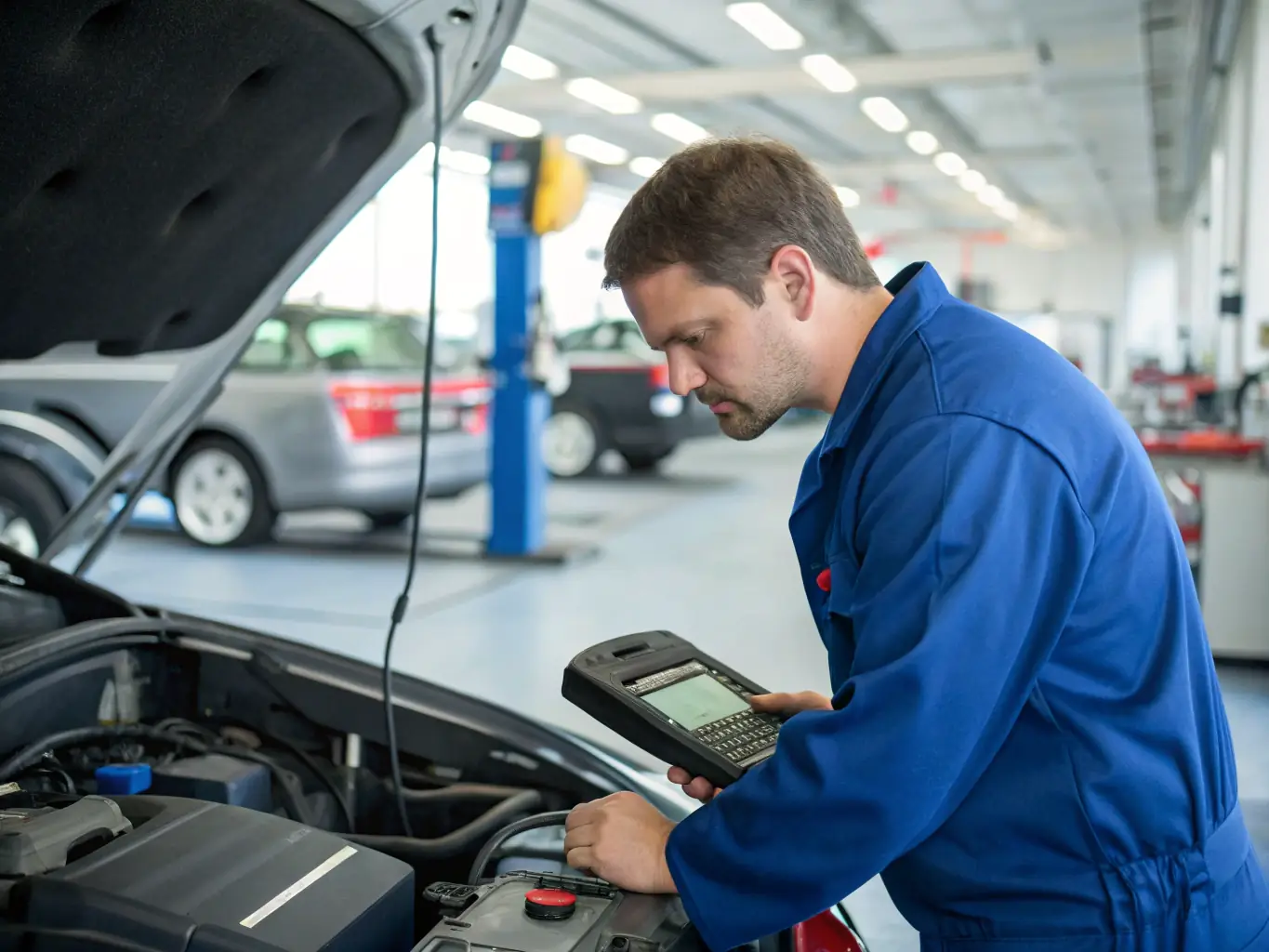 A mechanic using diagnostic tools to inspect an engine in a modern auto repair shop, highlighting engine repair services.