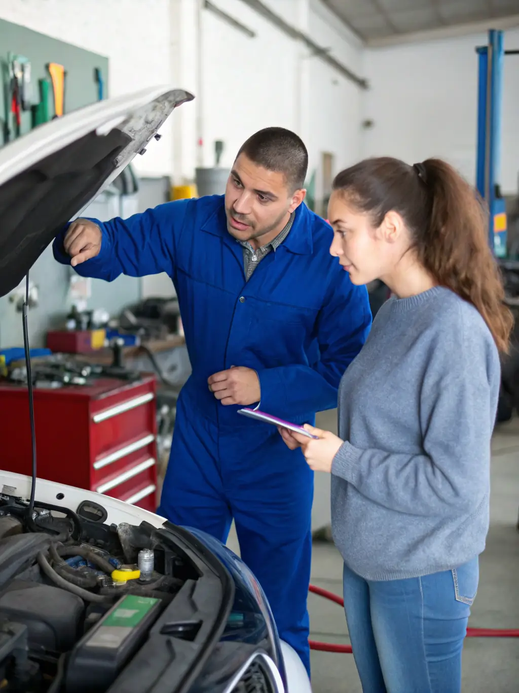 A close-up of a mobile mechanic explaining a repair to a customer, highlighting personalized attention.
