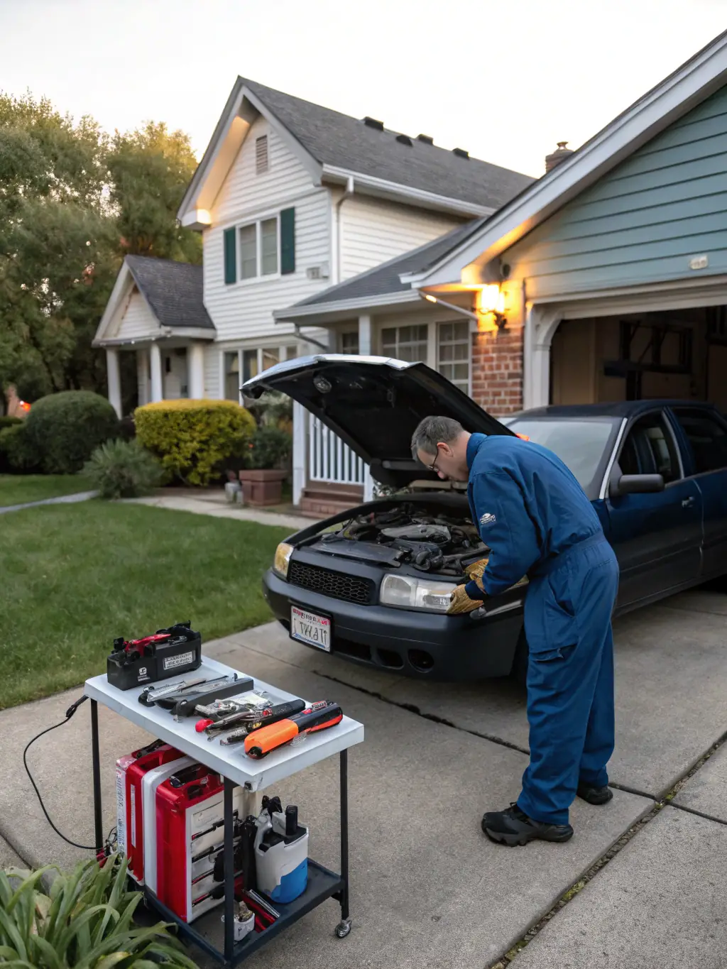 A mobile mechanic working on a car engine in a customer's driveway, showcasing the convenience of on-site service.