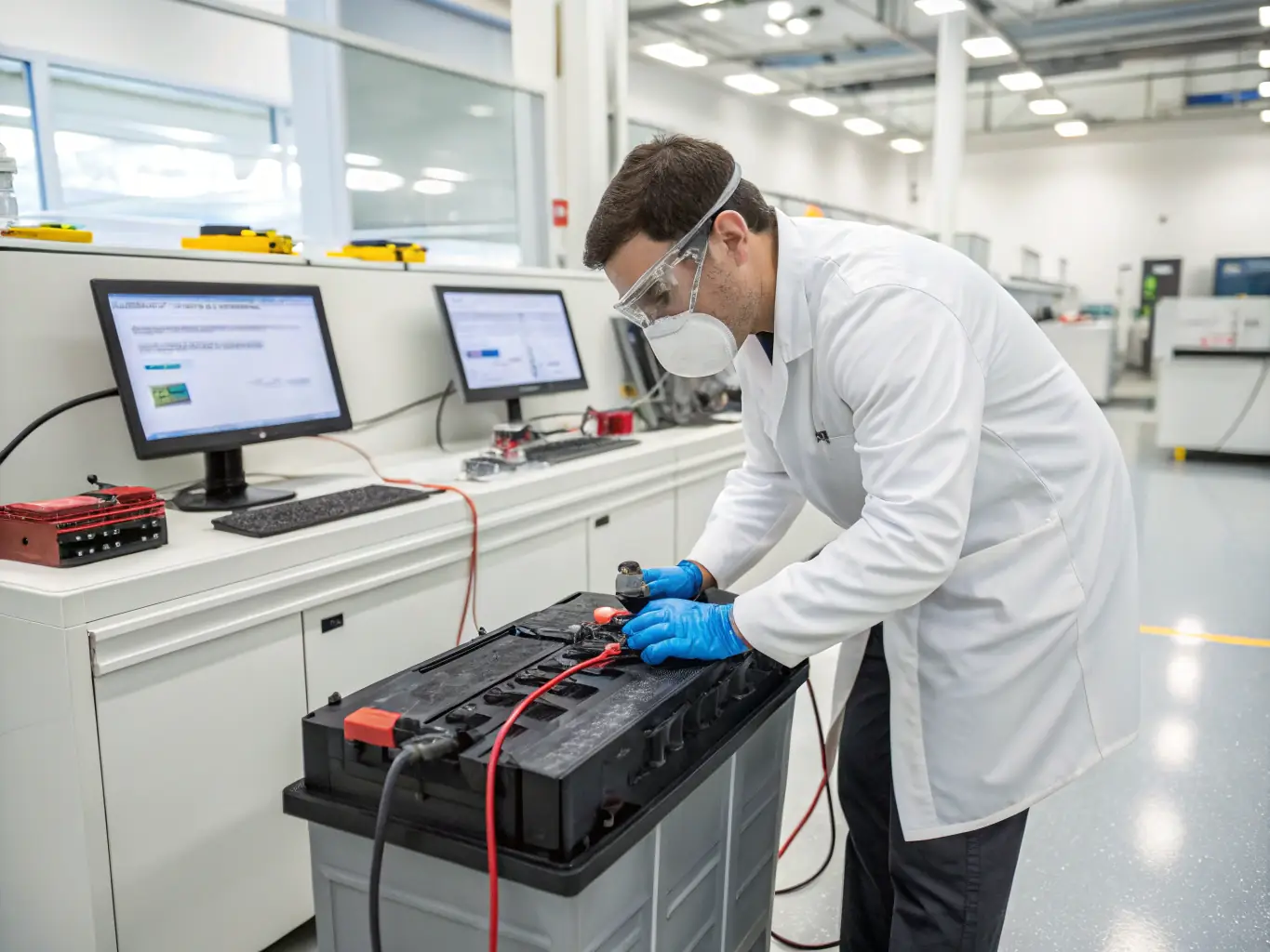 A technician at K & R Quality Auto Repair performing a load test on a car battery to determine its ability to hold a charge under stress.