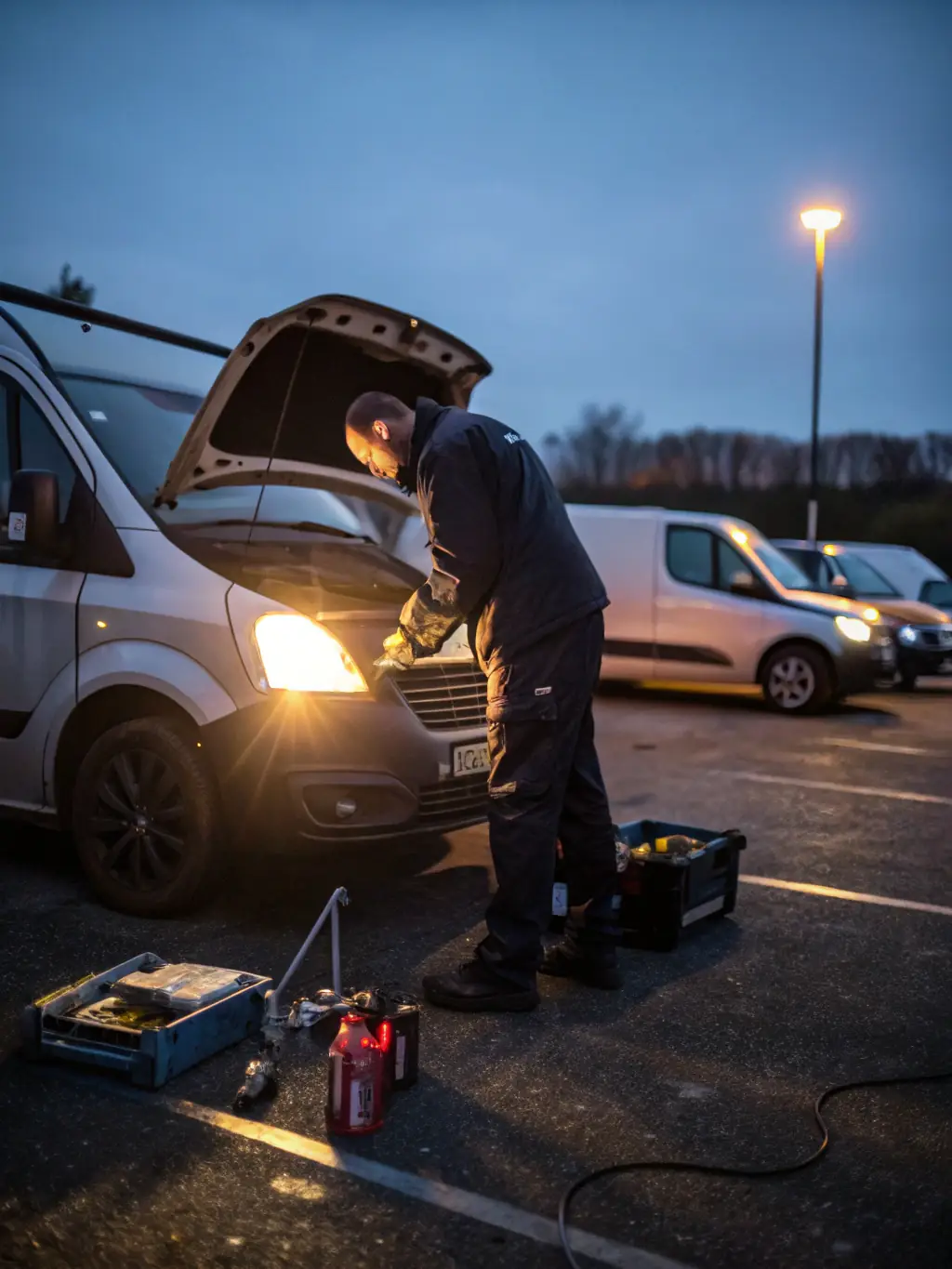 A mobile mechanic replacing a car battery on-site, demonstrating quick and hassle-free battery replacement services.