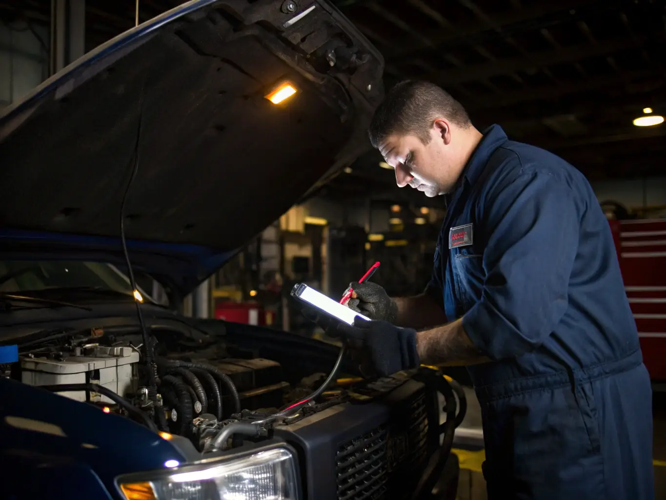 A technician diagnosing an engine issue using diagnostic equipment in a well-lit auto repair bay, highlighting the engine repair service.