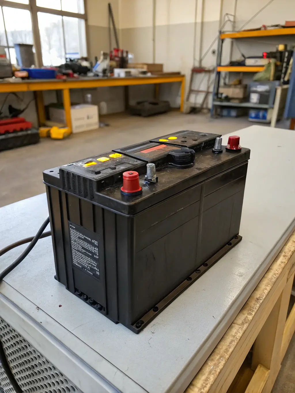 A high-quality, branded car battery on a clean workbench in the K & R Quality Auto Repair shop, emphasizing the quality of the products used.