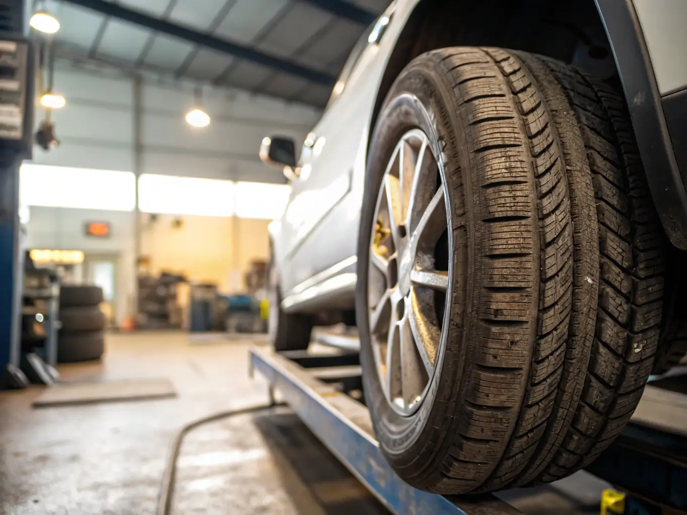 A photograph of a set of tires showing uneven wear patterns due to misaligned or poorly maintained suspension and steering systems, emphasizing the financial impact of neglecting maintenance.