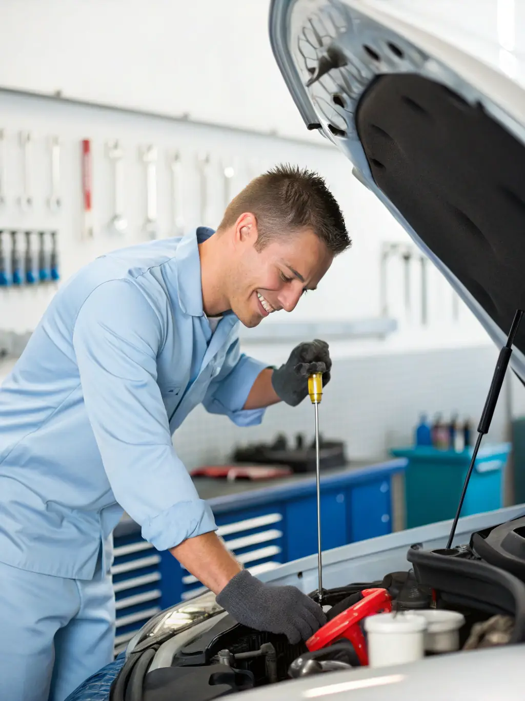 A friendly K & R Quality Auto Repair technician explaining battery maintenance tips to a customer, highlighting the shop's commitment to customer education and care.
