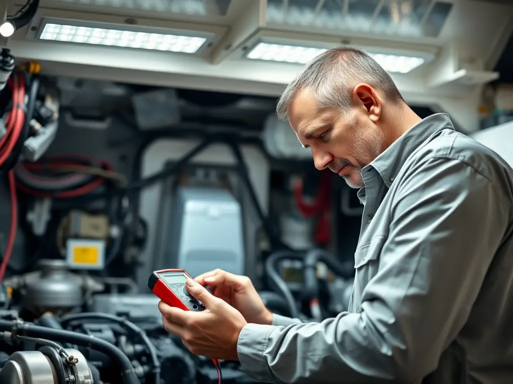 A mechanic using a multimeter to diagnose an electrical issue in a car's engine bay, with various wires and components visible.