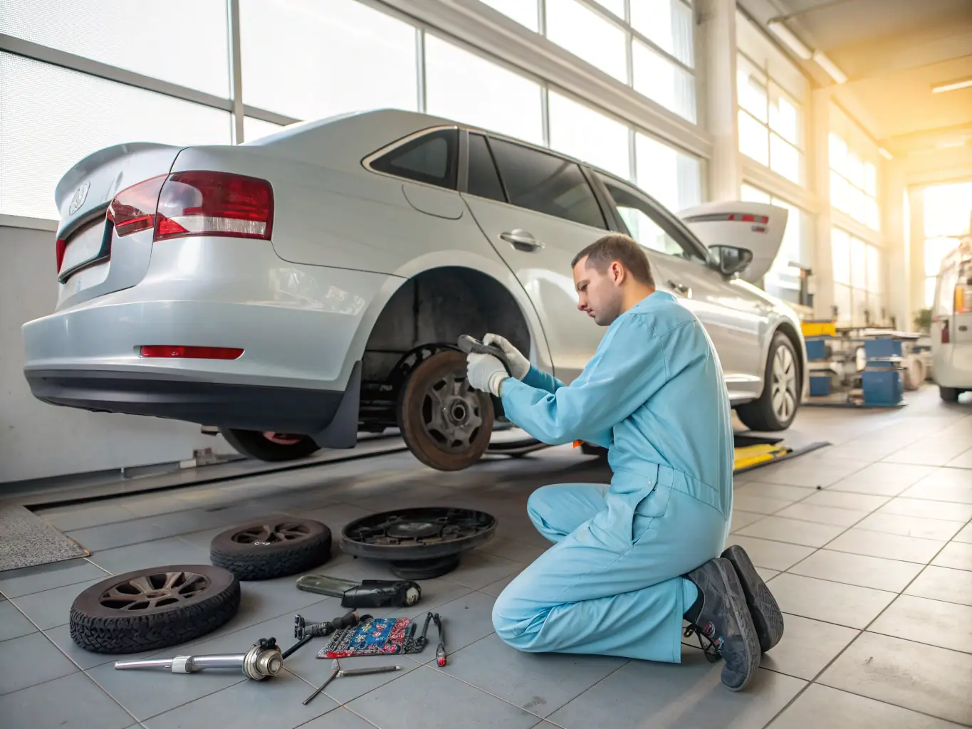 A close-up of a mechanic inspecting brake pads and rotors, emphasizing the brake service.