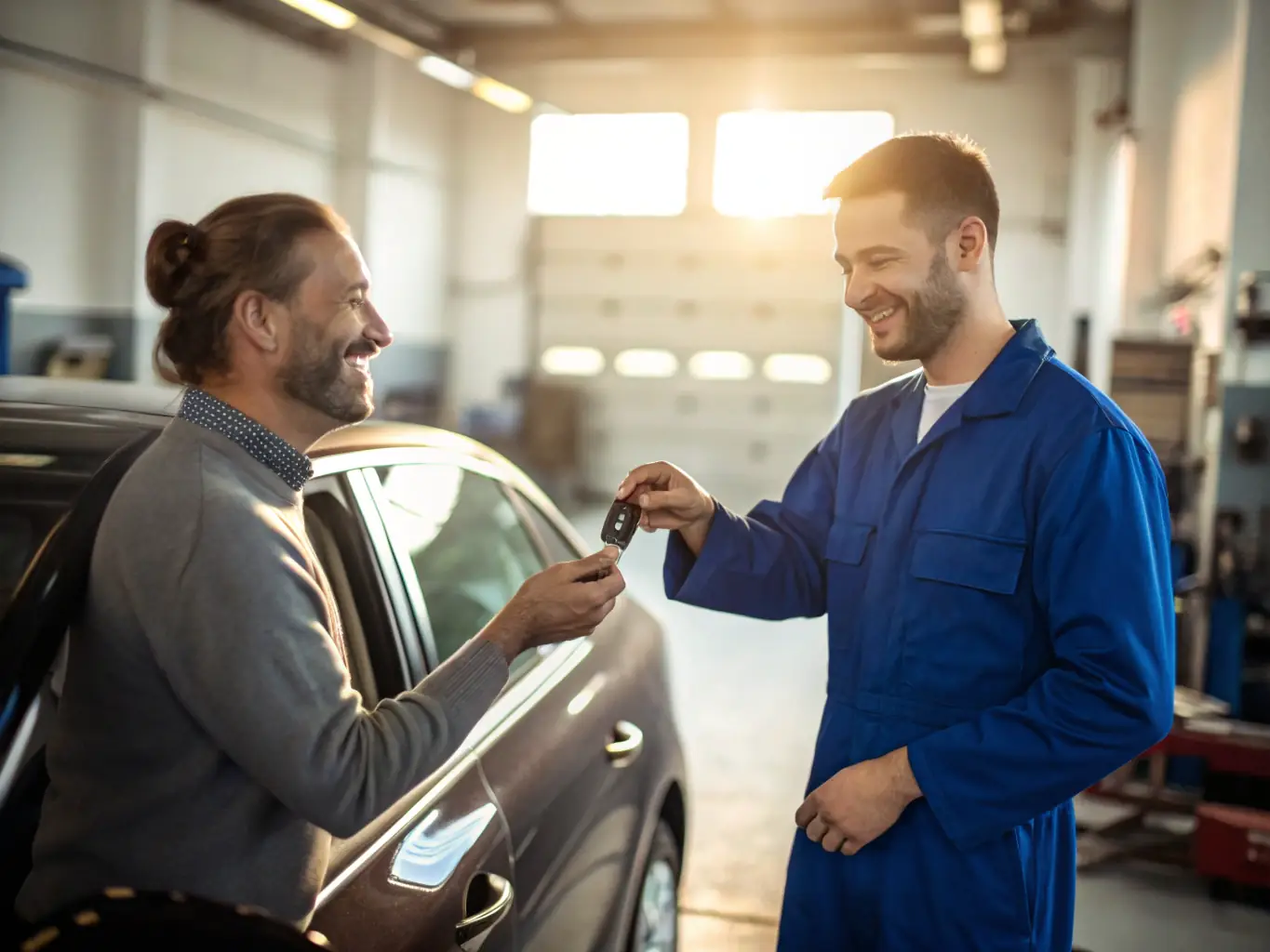 A picture of a satisfied customer receiving their car keys from a K & R Quality Auto Repair technician, symbolizing the trust and reliability of their services.
