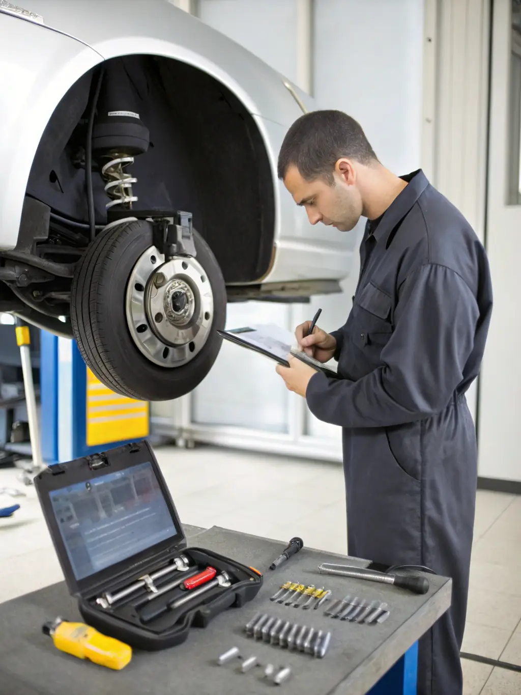 A mobile mechanic replacing brake pads on a car parked in an office parking lot, emphasizing efficient and reliable brake repair services.
