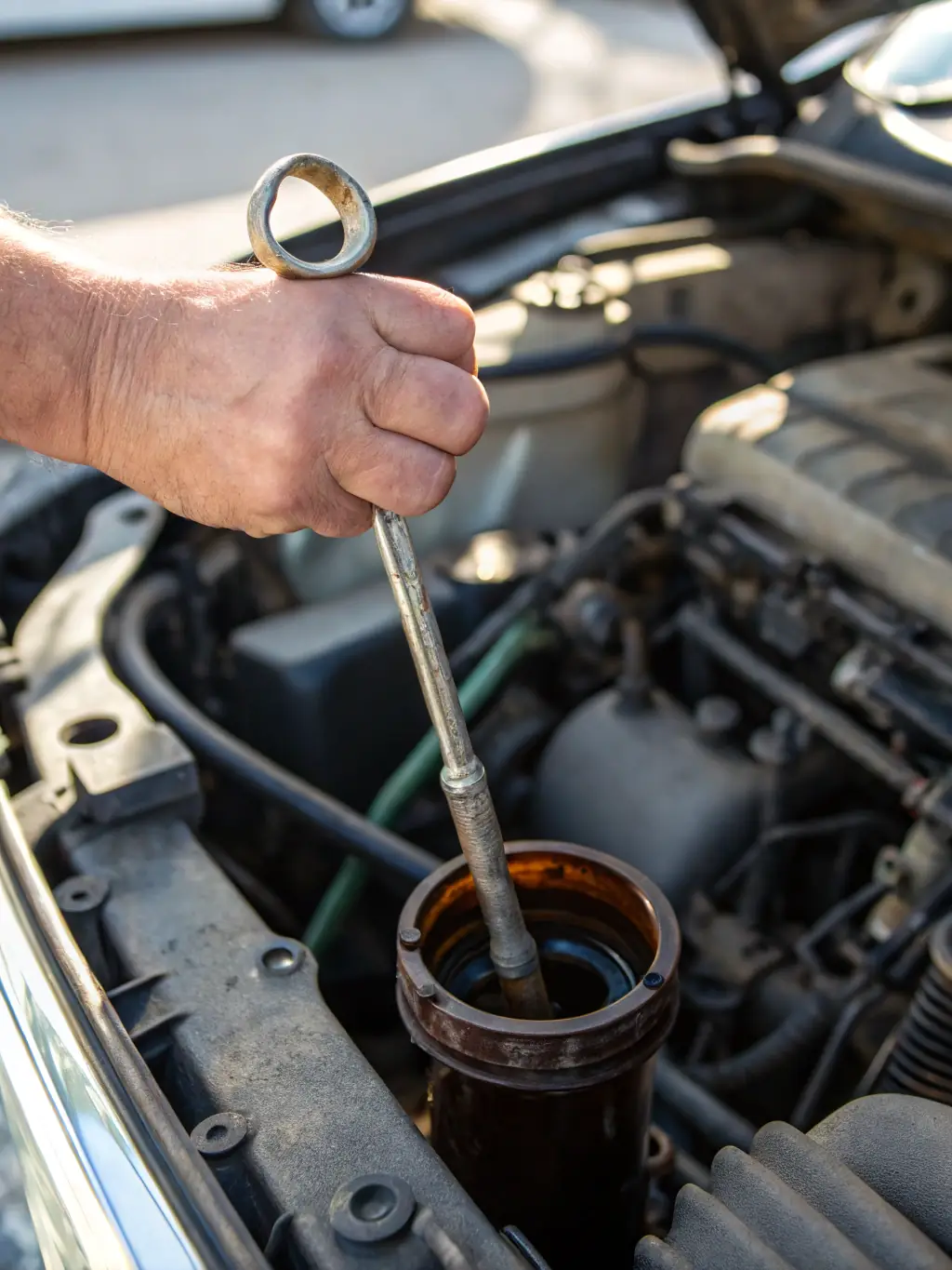 A close-up shot of clean, golden engine oil being poured into an engine, symbolizing the lifeblood of a car and the benefits of using high-quality oil at K & R Quality Auto Repair.
