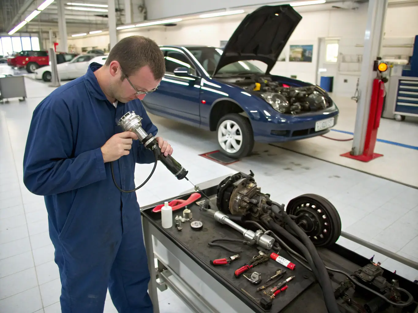A mechanic is carefully inspecting the steering linkage of a vehicle at K & R Quality Auto Repair, highlighting the attention to detail in our steering system checks.