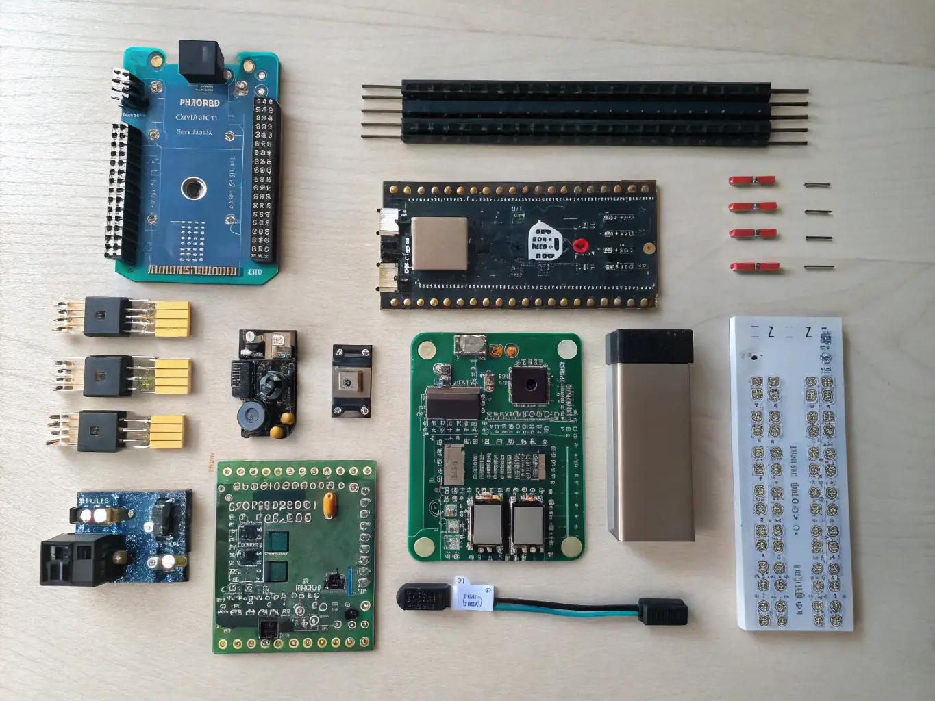 A close-up shot of various automotive electrical components, such as fuses, relays, and sensors, neatly organized and ready for replacement.