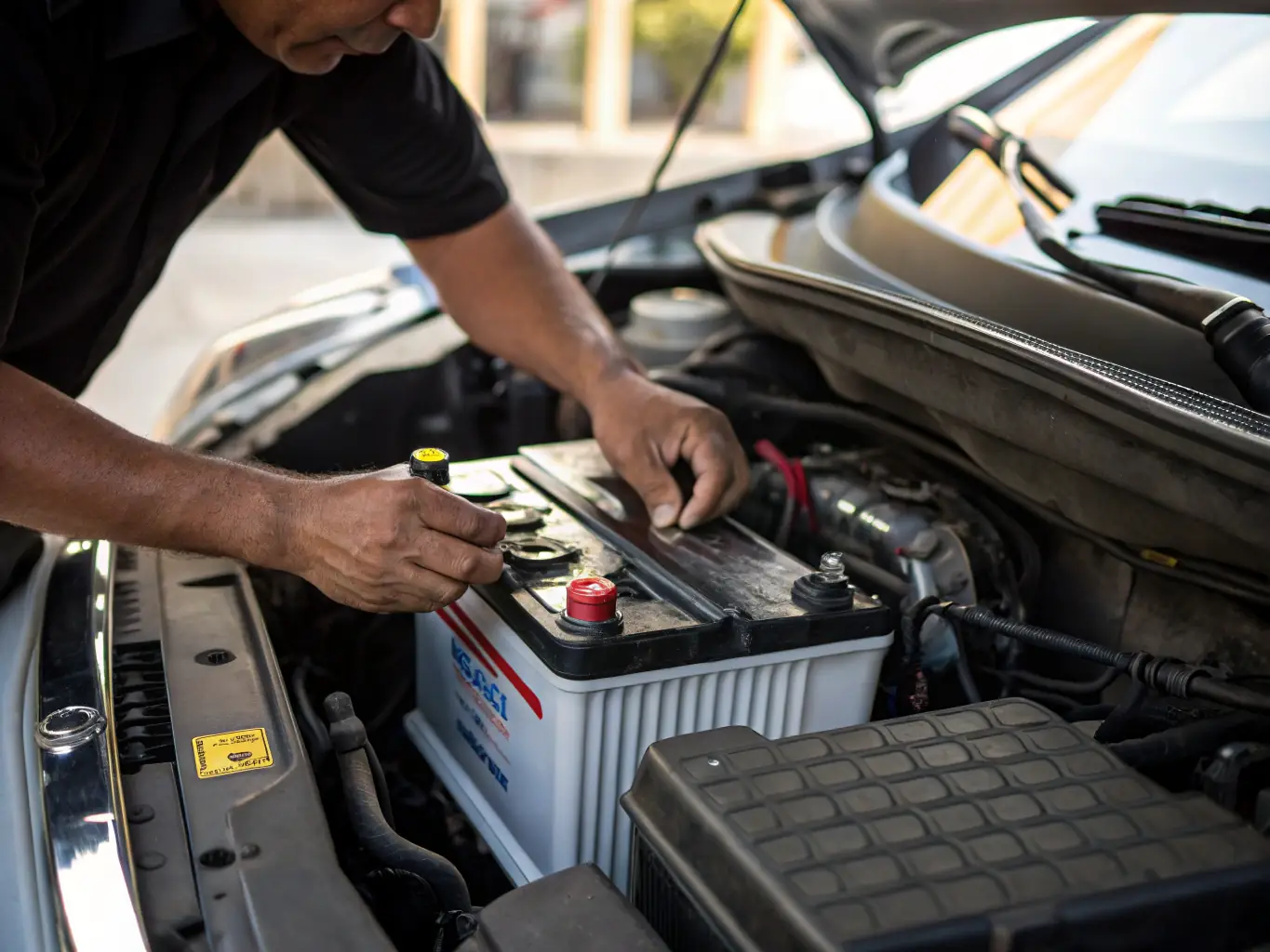 A new car battery being installed in a vehicle at K & R Quality Auto Repair, with the technician carefully securing the connections.