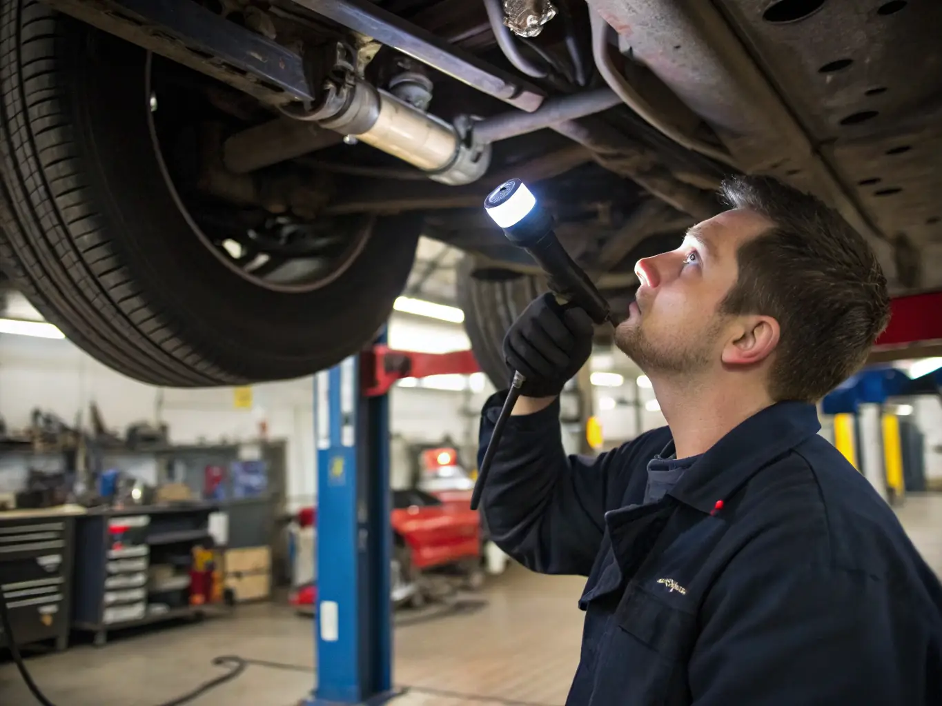A close-up shot of a mechanic inspecting the suspension system of a car in the K & R Quality Auto Repair shop, highlighting the intricate components and the mechanic's focused attention.