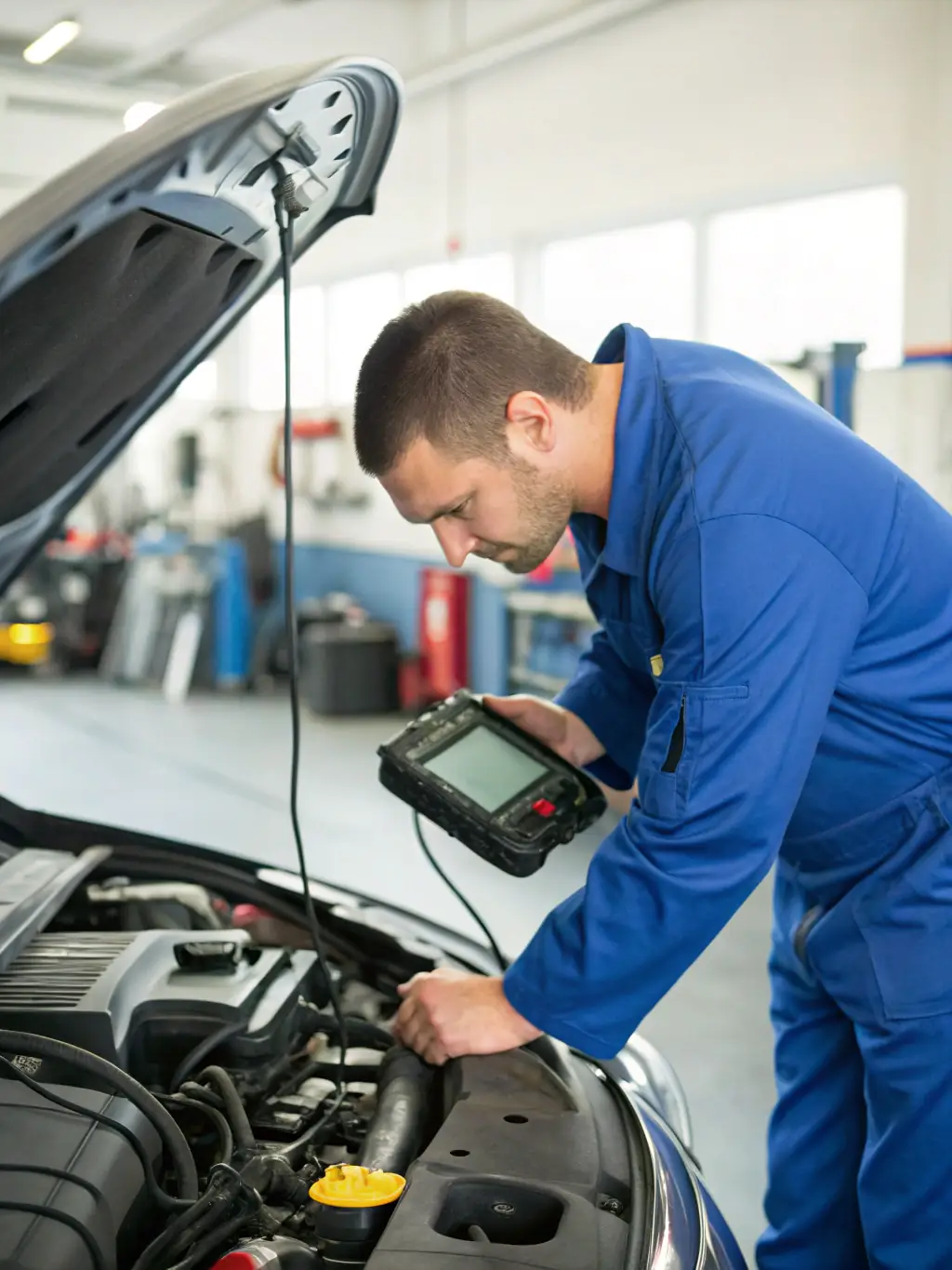 A mobile mechanic using diagnostic tools to troubleshoot a car engine problem, highlighting expertise and advanced diagnostic capabilities.