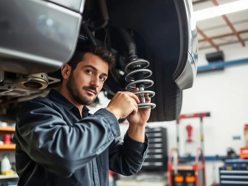 A close-up shot of a technician's hands expertly adjusting a car's shock absorber in the K & R Quality Auto Repair shop, showcasing precision and expertise.