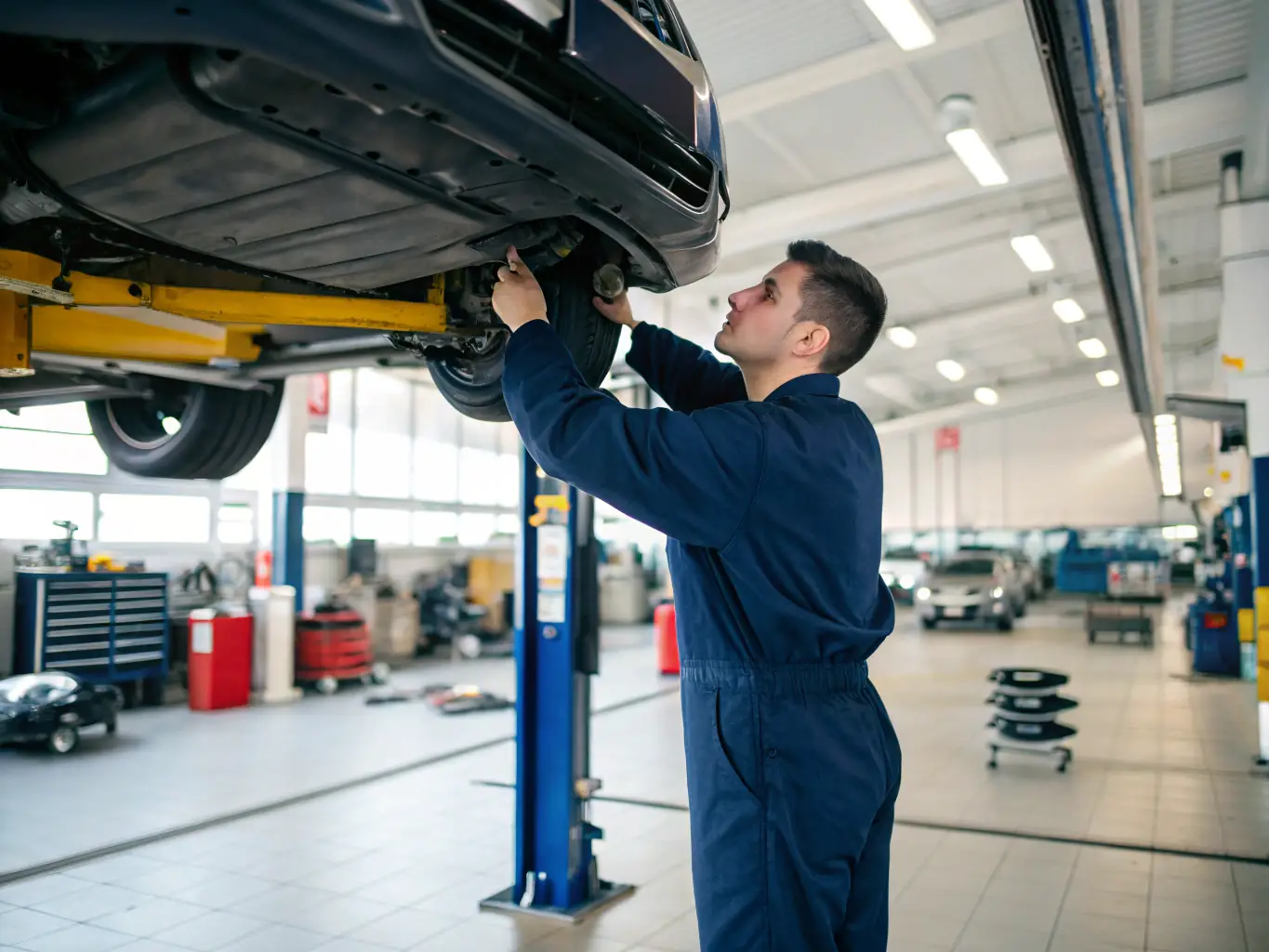 A photograph of a car on a lift at K & R Quality Auto Repair, with a technician underneath, inspecting the suspension components for wear and tear.