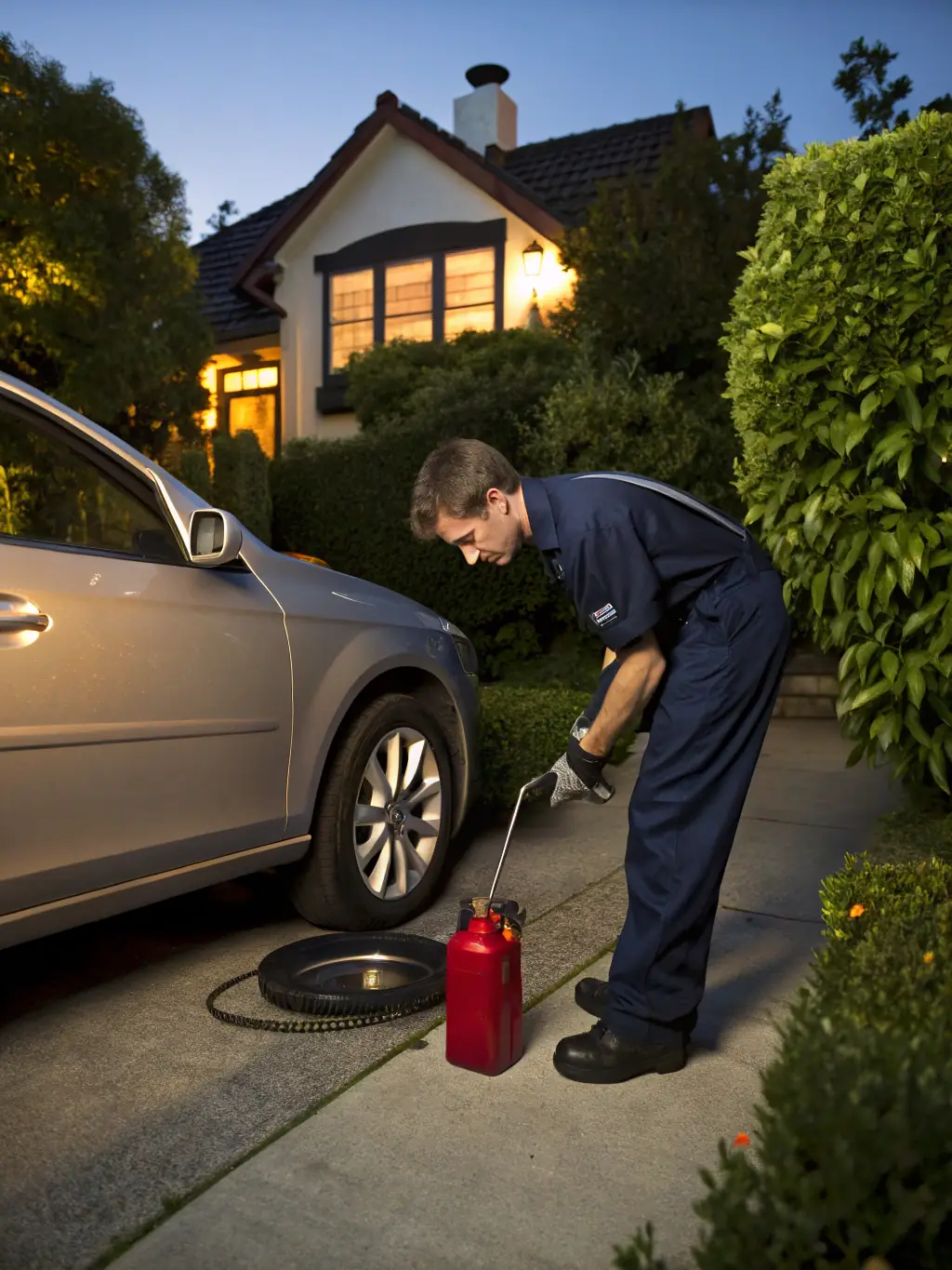 A mobile mechanic performing a routine oil change on a car in a residential driveway, showcasing convenience and personalized service.