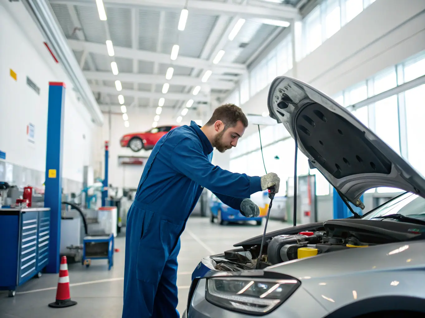 A mechanic performing an oil change on a car in a clean and organized auto repair shop, showcasing the routine maintenance service.