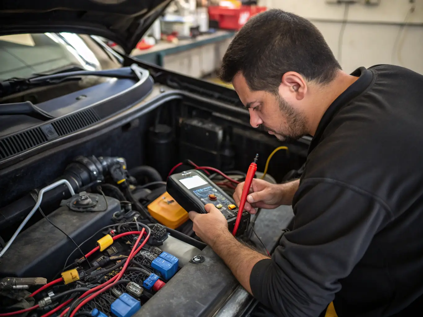 A technician carefully repairing damaged wiring in a vehicle's electrical system, using specialized tools and techniques.