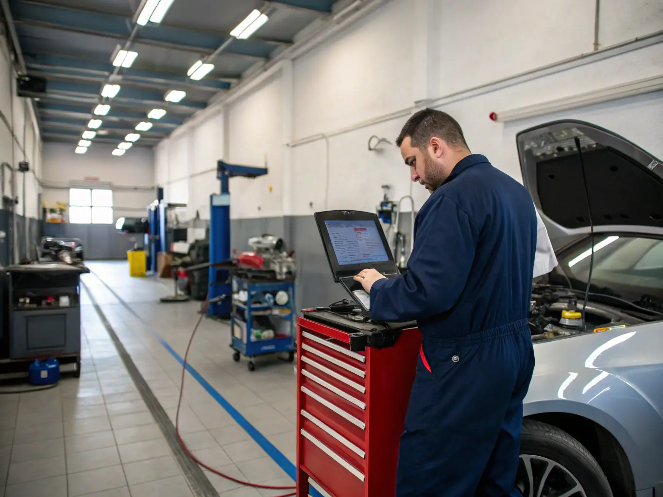 A mechanic using a multimeter to test the voltage of a car battery in the K & R Quality Auto Repair shop, with various diagnostic tools visible in the background.