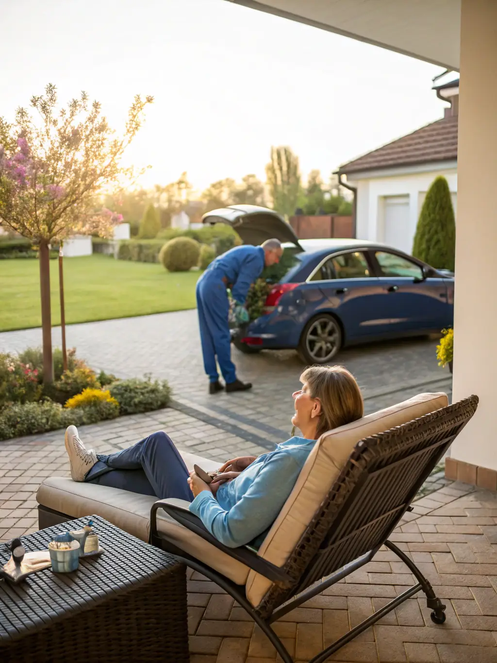 A person relaxing at home while a mobile mechanic works on their car in the background, emphasizing time-saving.