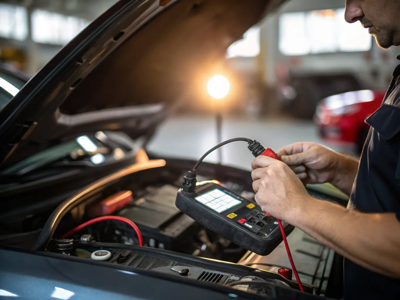 A close-up shot of a mechanic's hands using a diagnostic scan tool connected to a car's computer port, highlighting the precision and technology involved in K & R Quality Auto Repair's diagnostic process.