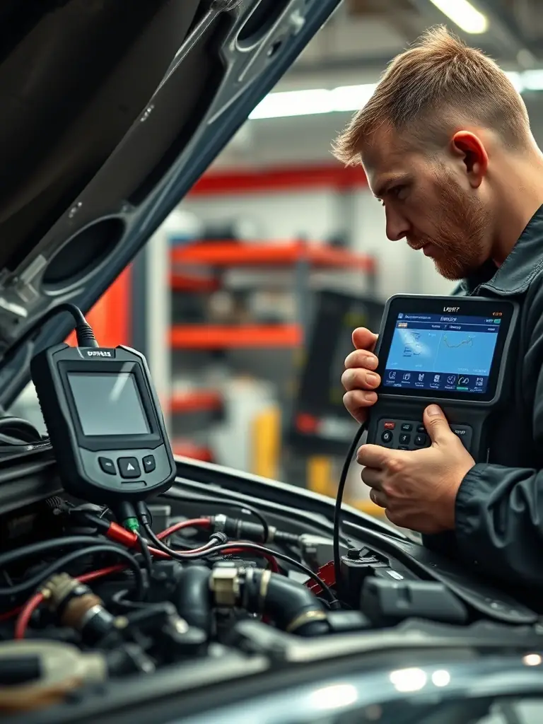 A mobile mechanic performing a diagnostic check on a vehicle using advanced equipment, showcasing expertise.